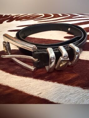 Vintage Black Leather Belt with Silver Buckle with Silver And Gold Accents